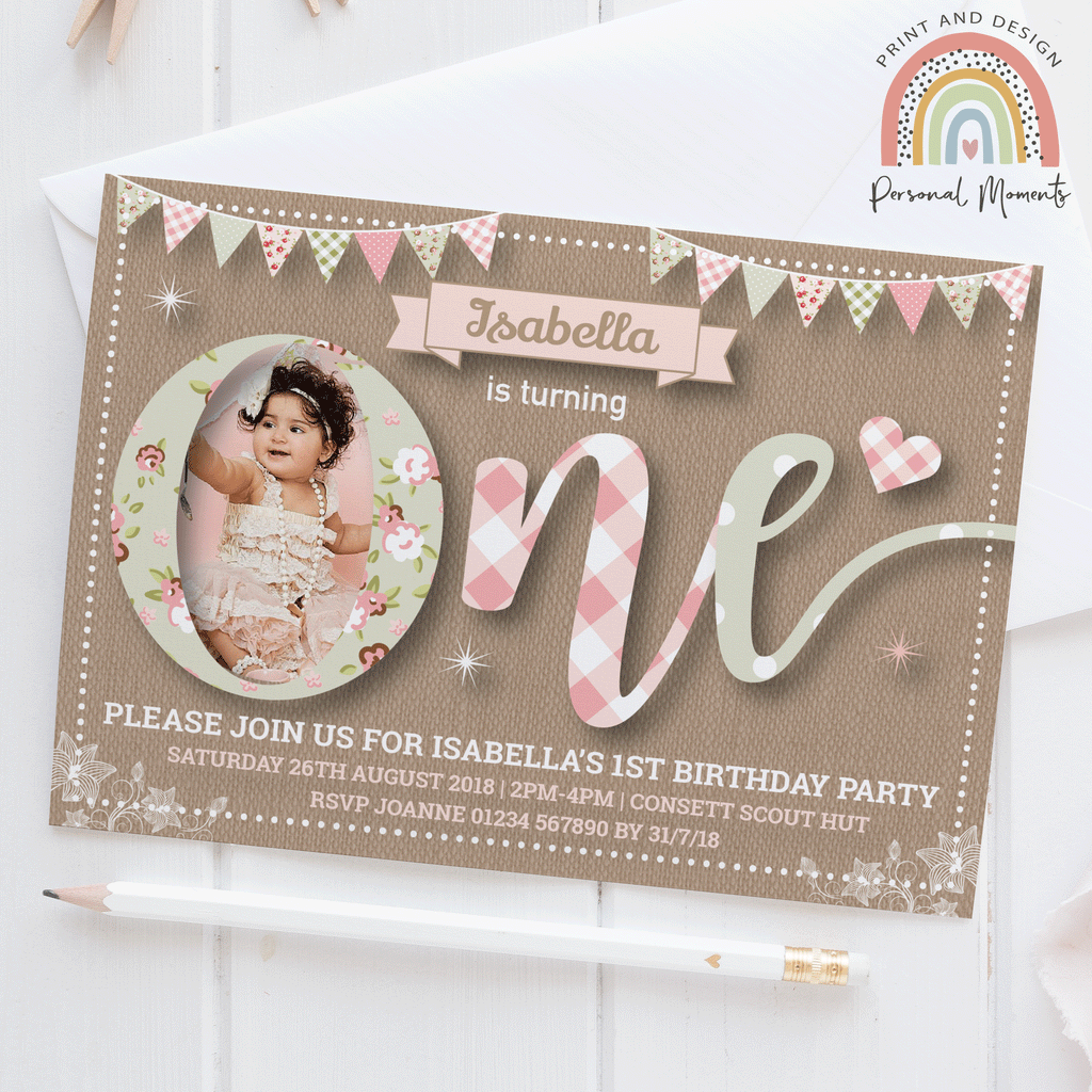 Personalised Vintage Floral 1st Birthday Invitations