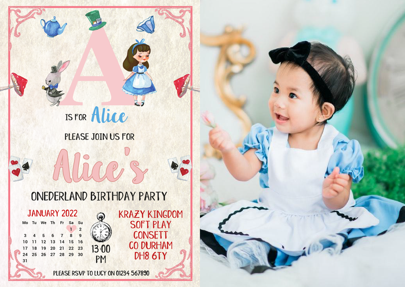 Personalised Alice In Wonderland 1st Birthday Invites With Photo