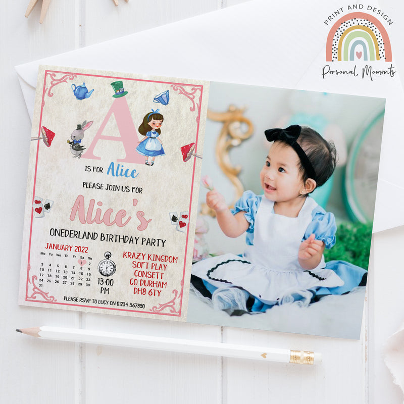 Personalised Alice In Wonderland Photo Birthday Invitations