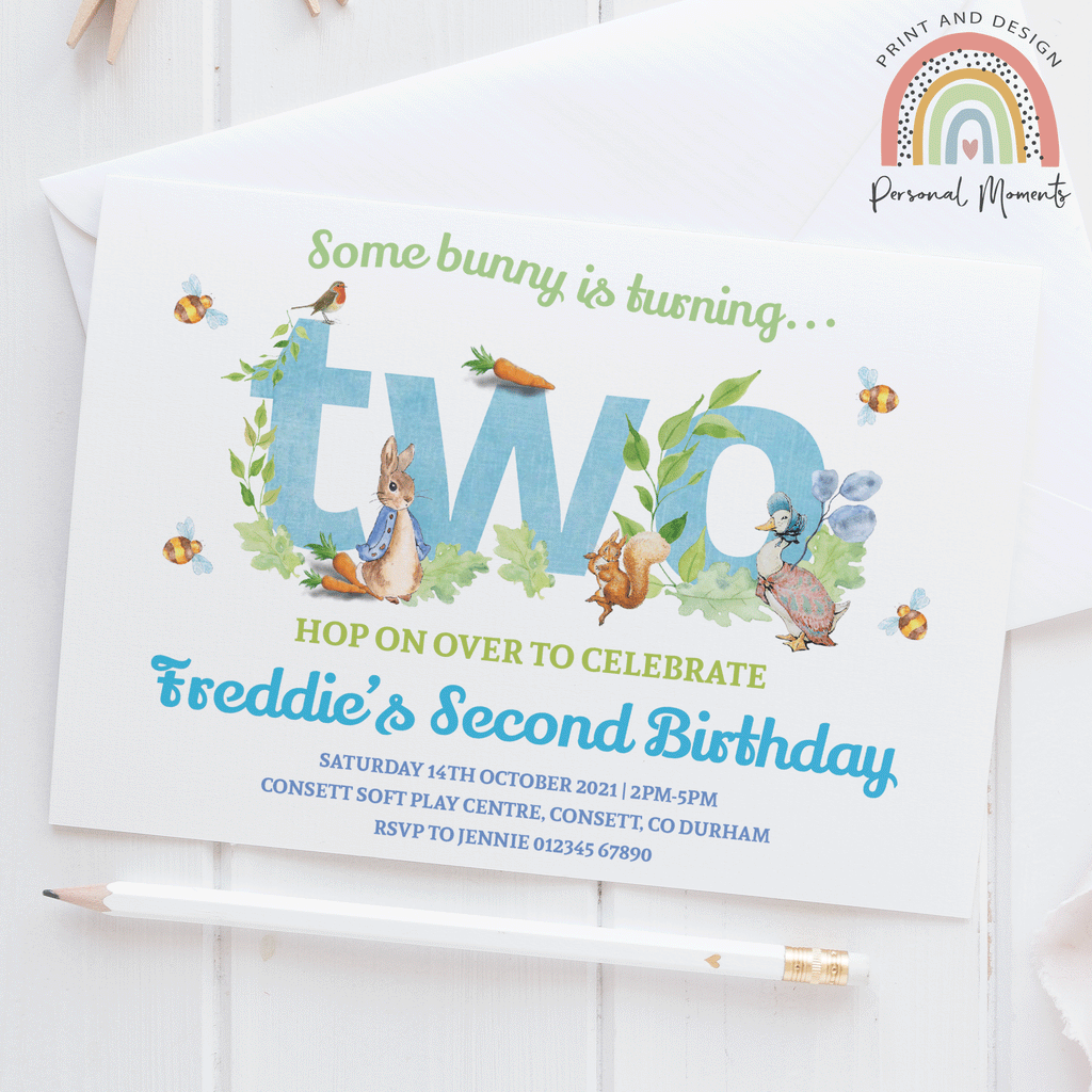 Blue Personalised Peter Rabbit 2nd Birthday Invitations