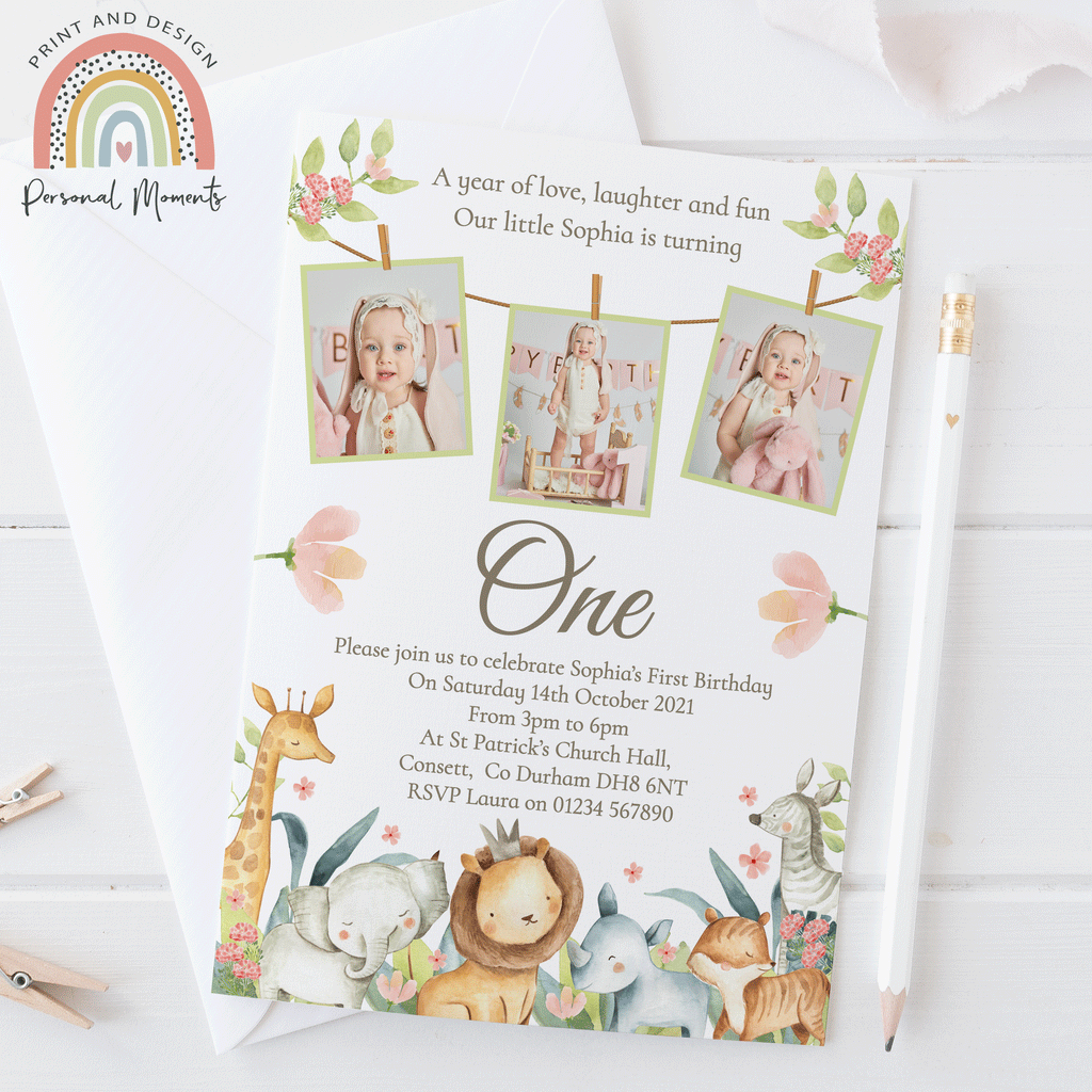 Personalised Pink Jungle Photo Invitations