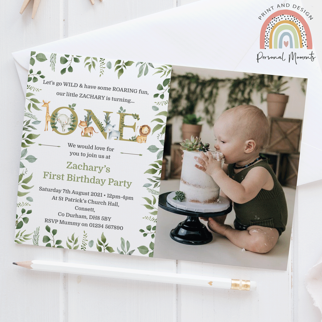 Personalised Leaf Jungle 1st Birthday Photo Invitations