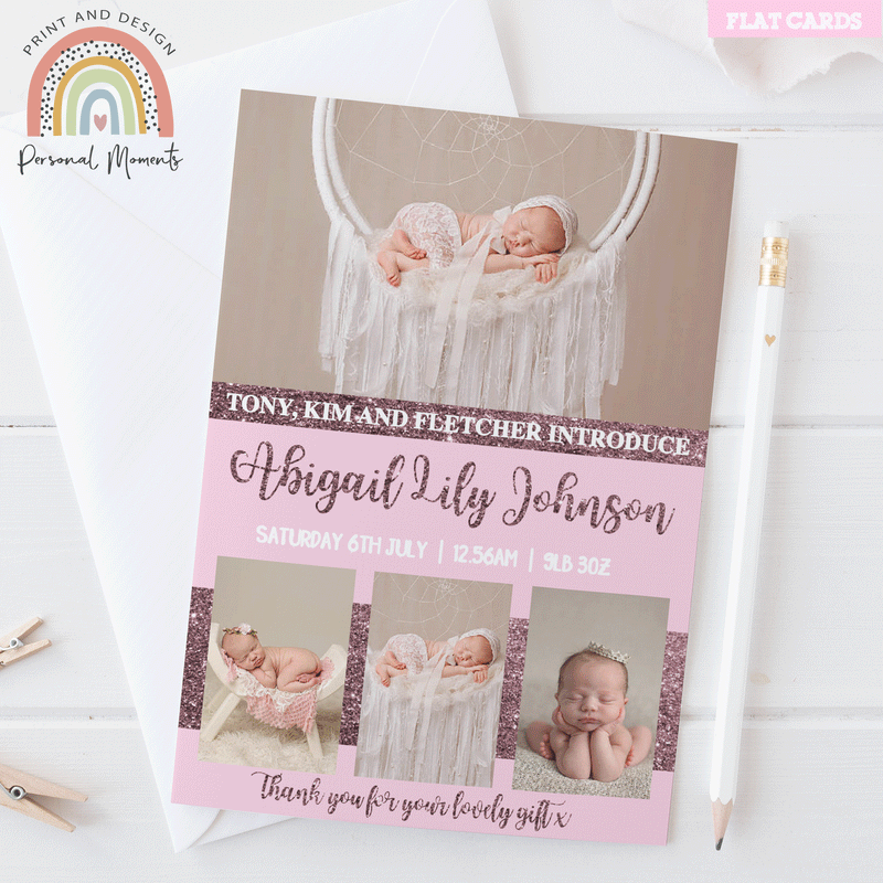 FLAT Personalised Baby Girl Glitter Thank You Cards Photo Birth Announcement Notes