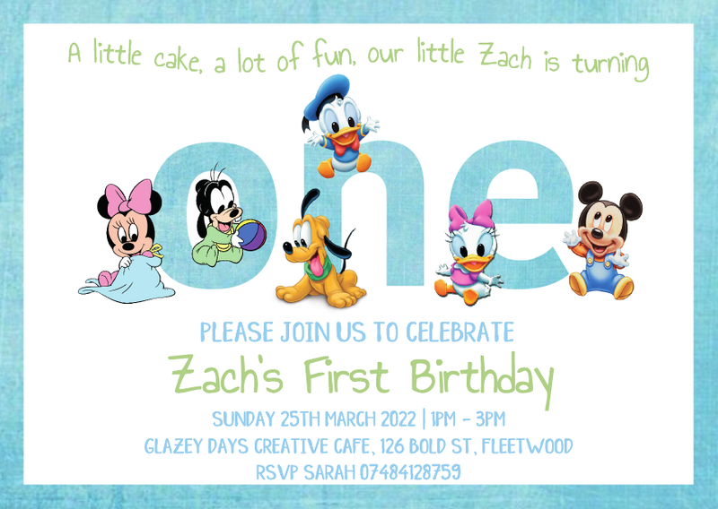 Blue Personalised Disney Baby 1st birthday invites Mickey, Minnie, Donald, Daisy, Pluto Goofy