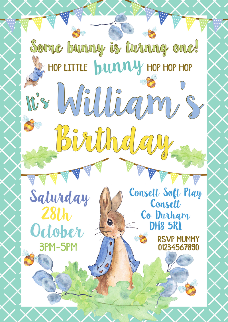 Personalised Rainbow Peter Rabbit Invites Boy Blue