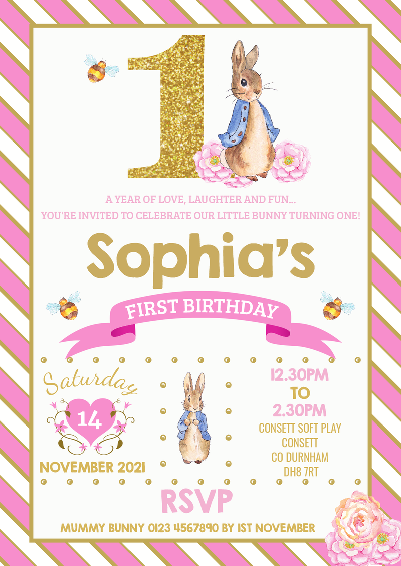 Personalised Peter Rabbit Glitter 1st Birthday Invitations Pink And Gold Invites For Girl