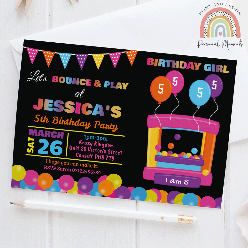 Personalised Girl Bouncy Castle Birthday Party Invitations