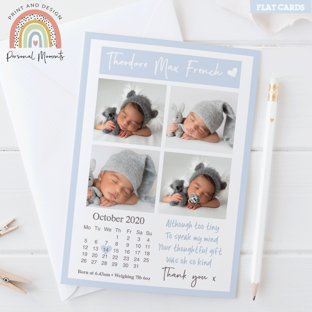 Customised blue border calendar boy announcement card 