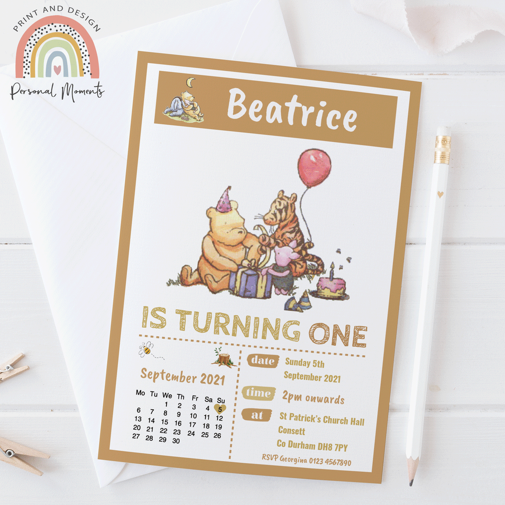 Personalised Winnie The Pooh 1st Birthday Party Invitations