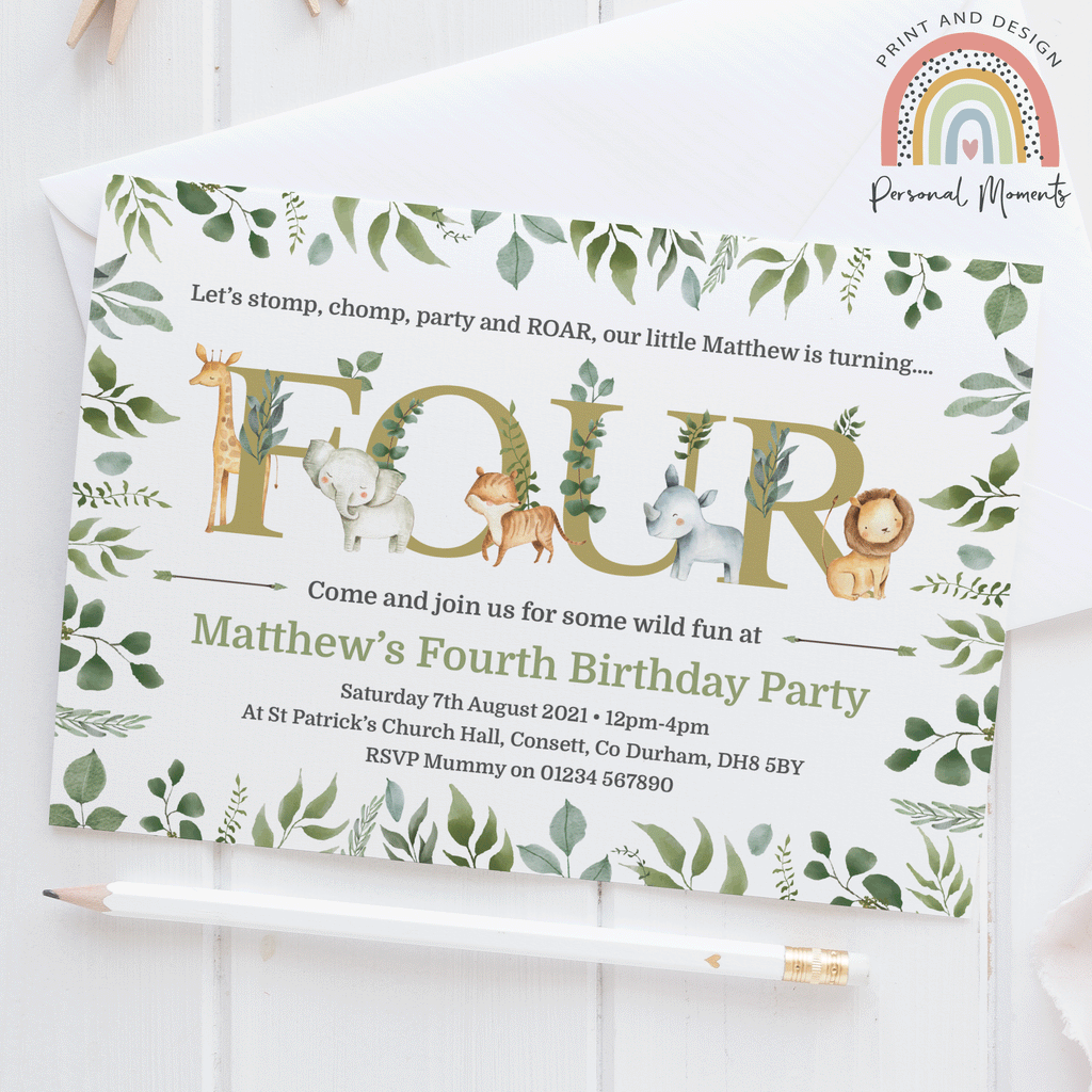 Personalised 4th Birthday Jungle Invitations