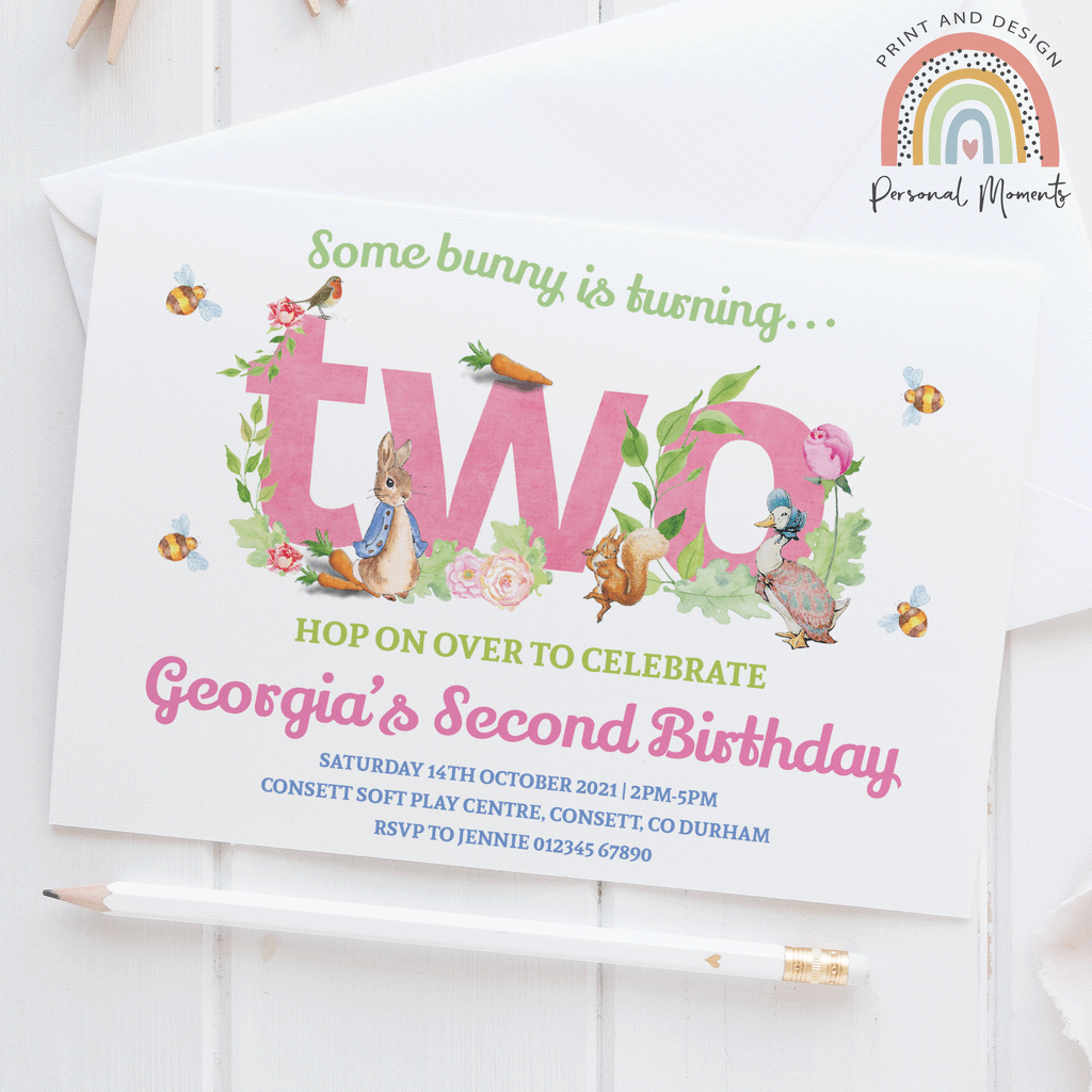 Pink Personalised Peter Rabbit 2nd Birthday Invitations