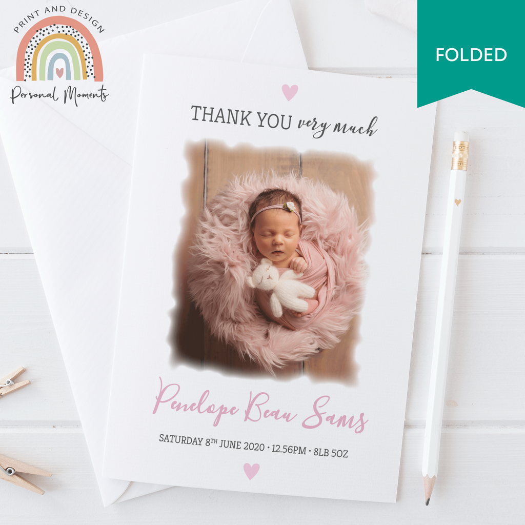 Personalised Cute Baby Girl Thank Card FOLDED 