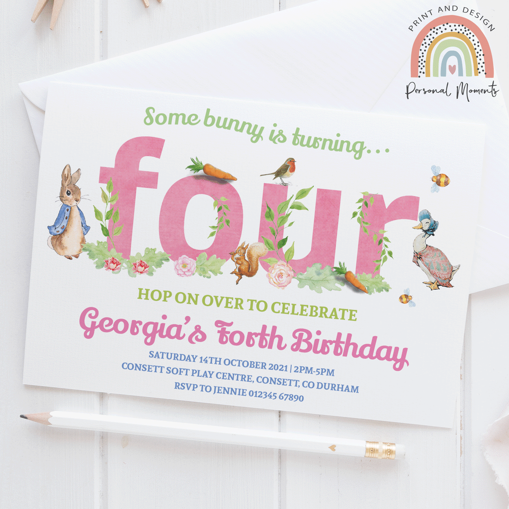 Pink Personalised Peter Rabbit 4th Birthday Invitations