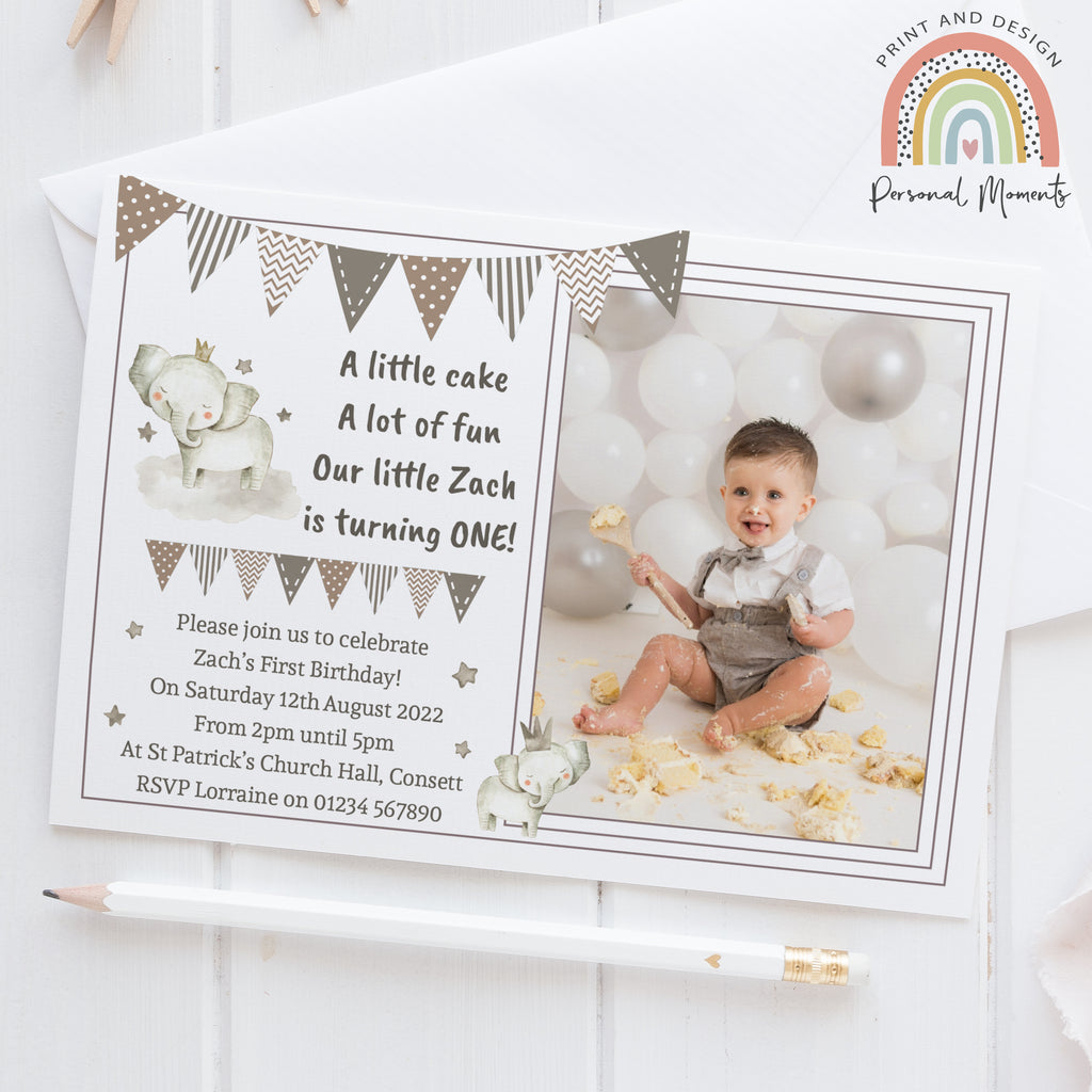 Personalised Elephant 1st Birthday Invitations With Photo