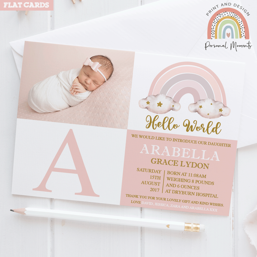 Pink Rainbow cloud Baby Girl thank you card 