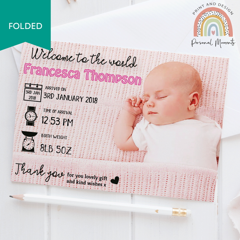 FOLDED Design Personalized Baby Girl Thank You Cards with Your Own Photo | Personal Moments | Free Shipping