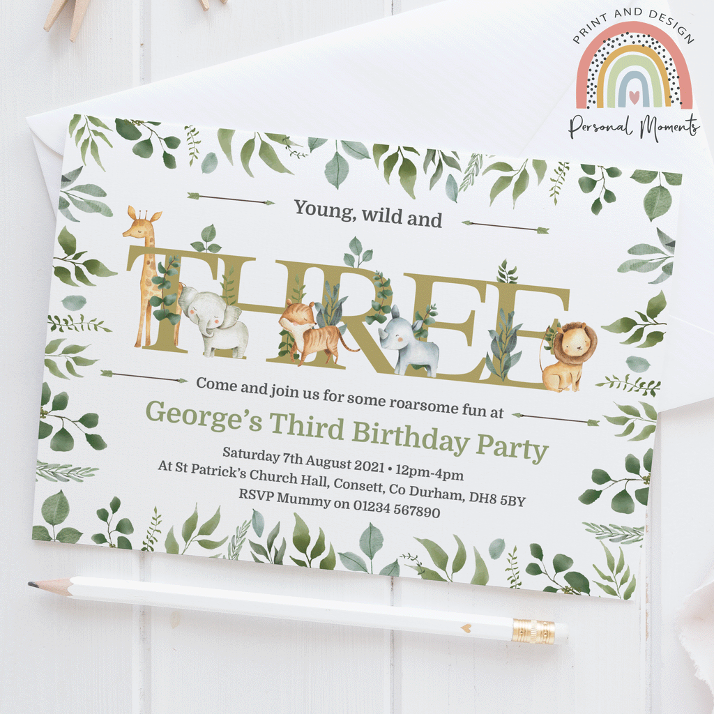 Personalised Jungle 3rd Birthday Party Invitations