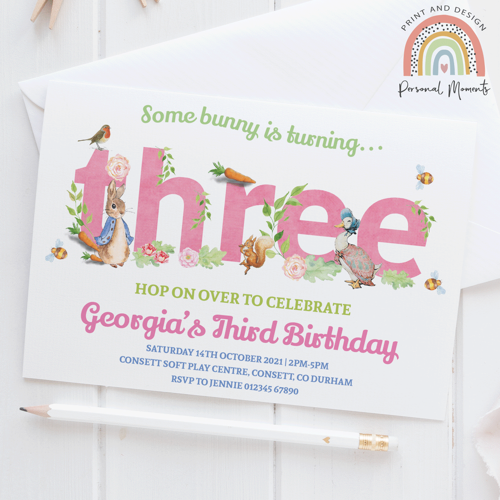 Pink Personalised Peter Rabbit 3rd Birthday Invitations