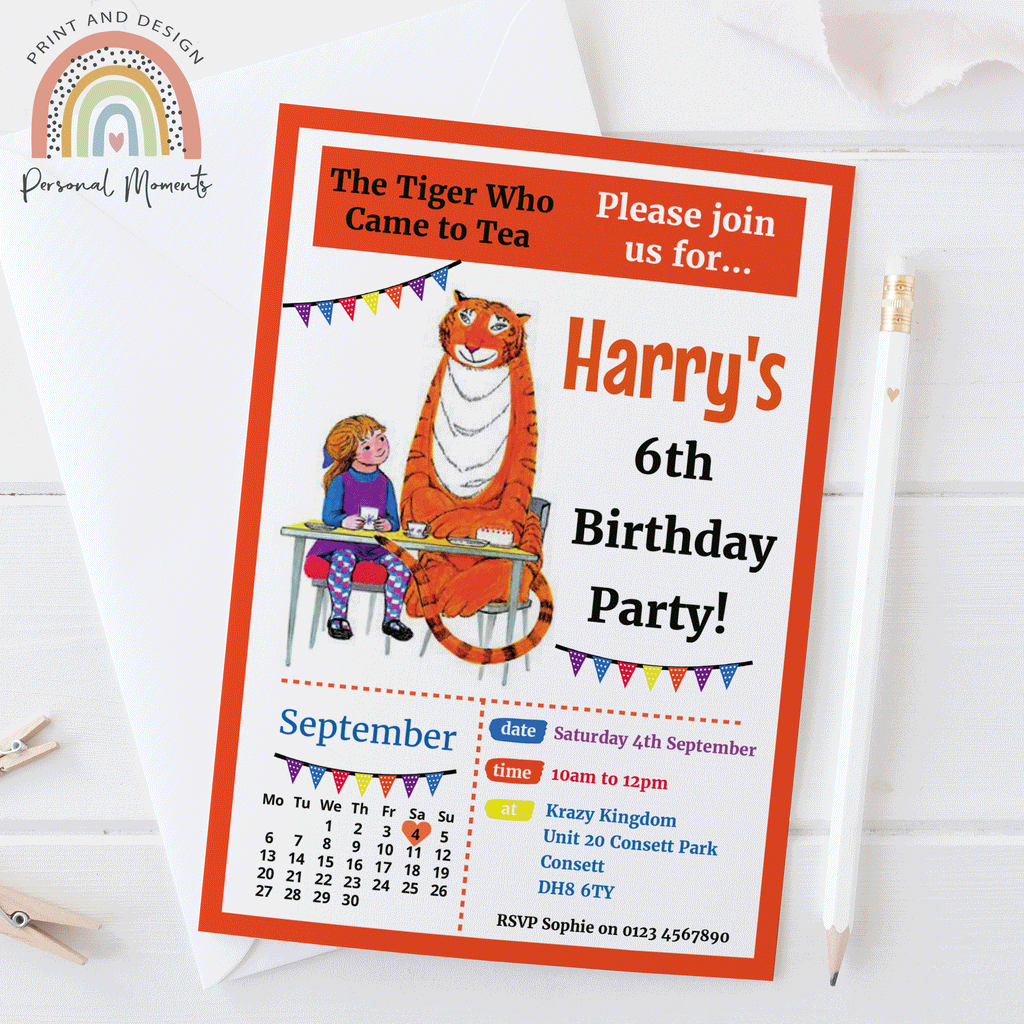 Personalised The Tiger Who Came To Tea Birthday Party Invitations