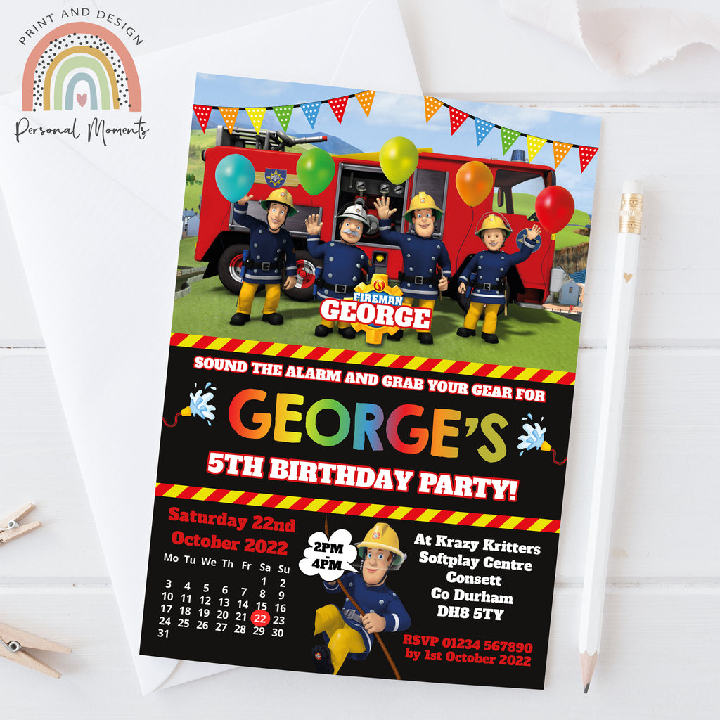 Personalised Fireman Sam Invitations Fire Engine Invites