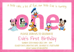 Pink Personalised Disney Baby 1st birthday invites Mickey, Minnie, Donald, Daisy, Pluto Goofy