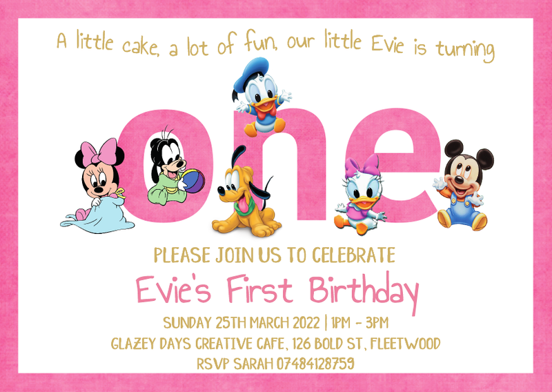 Pink Personalised Disney Baby 1st birthday invites Mickey, Minnie, Donald, Daisy, Pluto Goofy