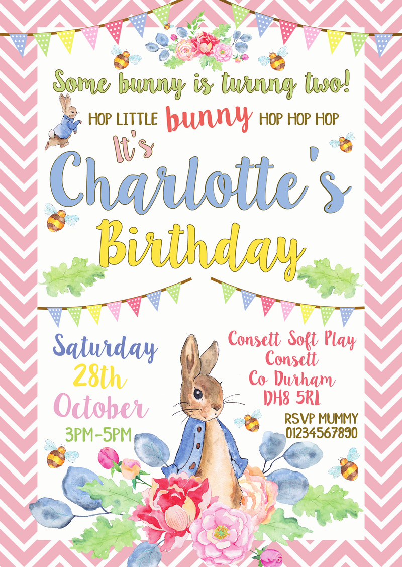 Personalised Rainbow Peter Rabbit Invites Girl Pink