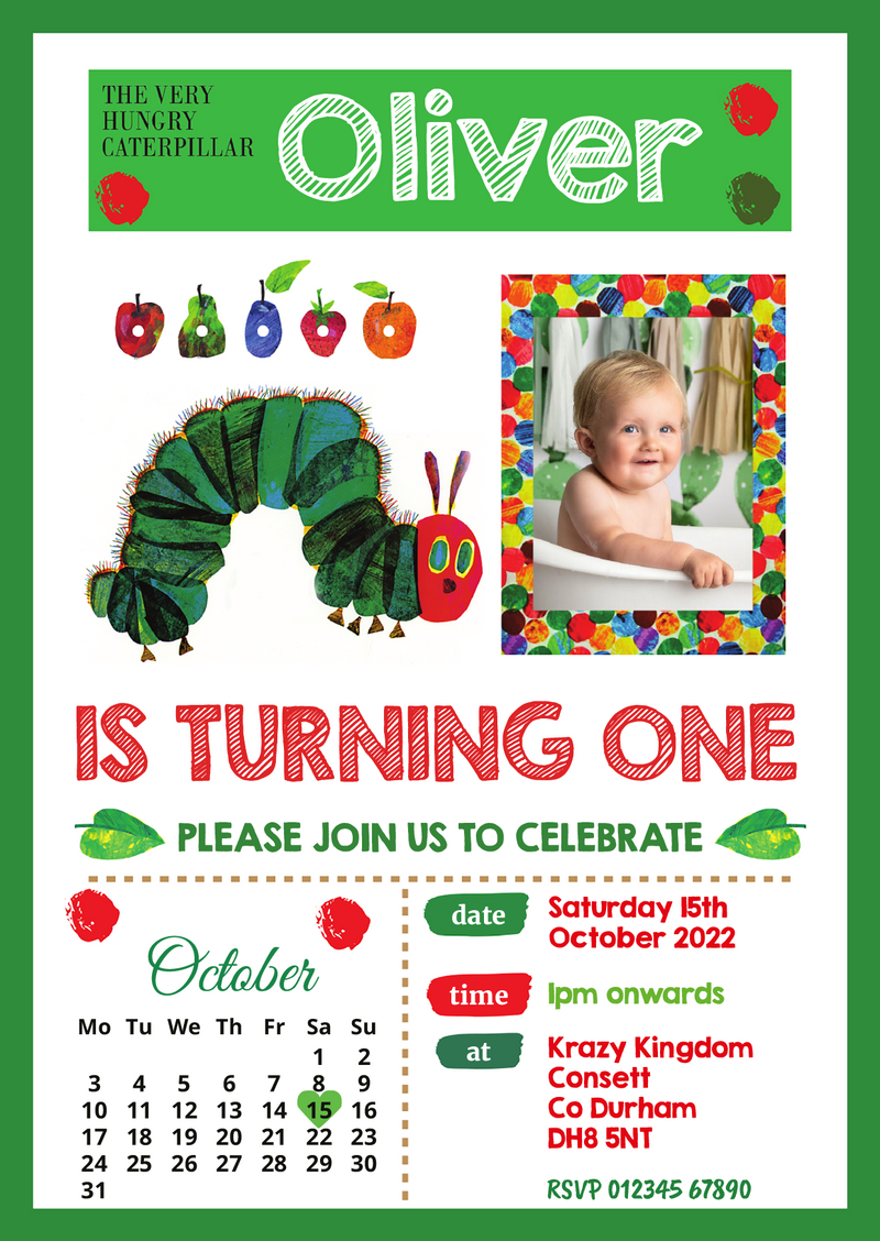 Personalised The Very Hungry Caterpillar 1st Birthday Invites