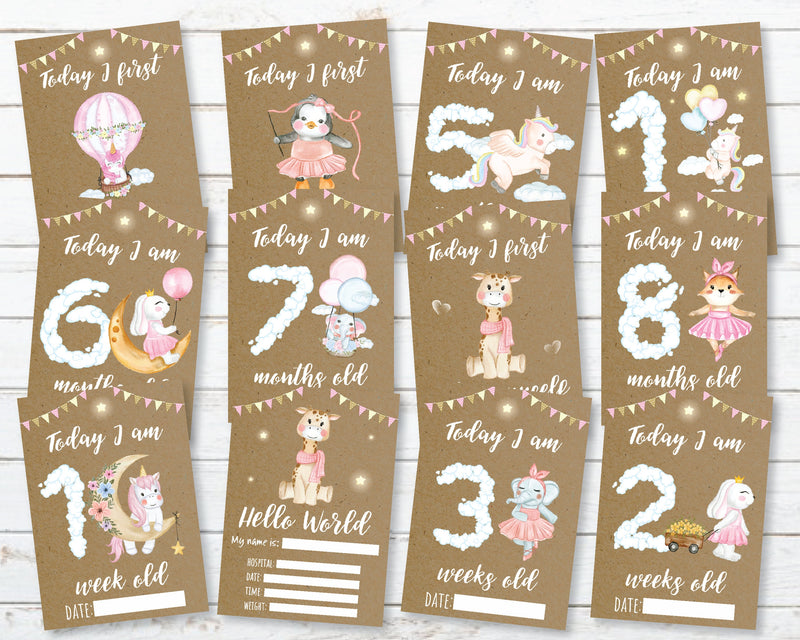 Unicorn Baby Girl 1st Year Milestone Cards - Animal-Themed Memory Cards for New Baby, Ideal Baby Shower Gift