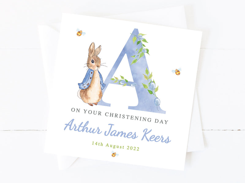 Blue Bunny Peter Rabbit Card - Customised for Christening, Baptism & Naming Day, Ideal for Grandson, Godson