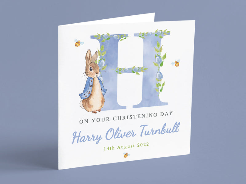 Blue Bunny Peter Rabbit Card - Customised for Christening, Baptism & Naming Day, Ideal for Grandson, Godson