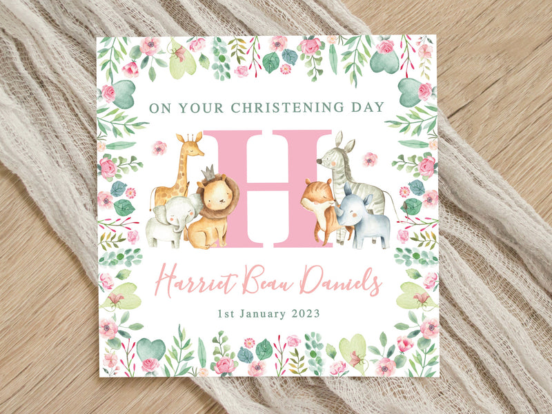 Personalised Pink Safari Christening Card - Jungle Animals Baptism, Botanical Naming Day, Baby Girl Initial Keepsake