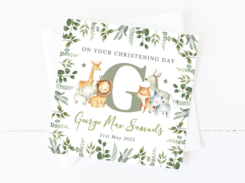 Personalised Jungle Animals Christening Card - Safari Baptism, Botanical Naming Day, Baby Initial Keepsake