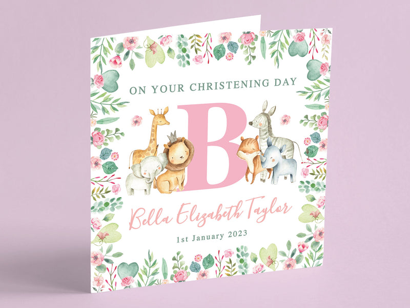Personalised Pink Safari Christening Card - Jungle Animals Baptism, Botanical Naming Day, Baby Girl Initial Keepsake