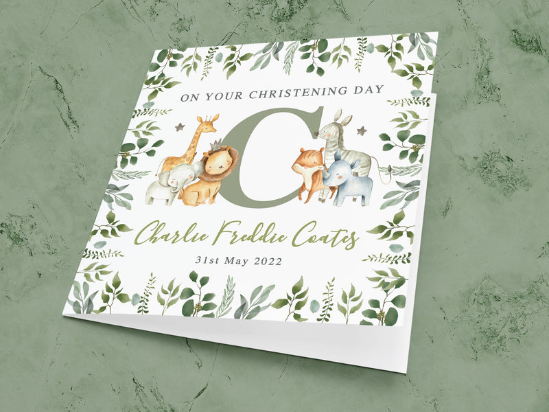 Personalised Jungle Animals Christening Card - Safari Baptism, Botanical Naming Day, Baby Initial Keepsake