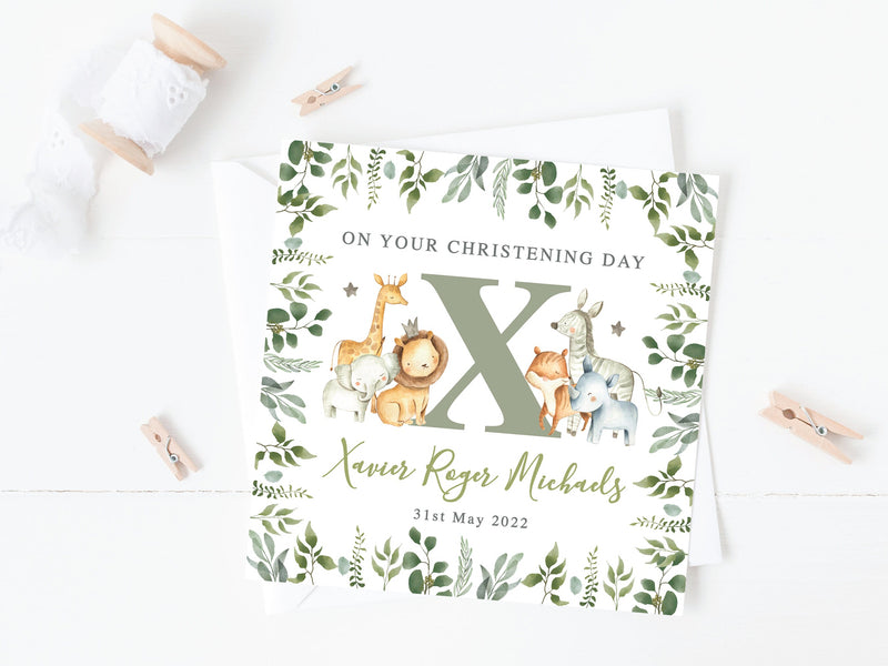 Personalised Jungle Animals Christening Card - Safari Baptism, Botanical Naming Day, Baby Initial Keepsake