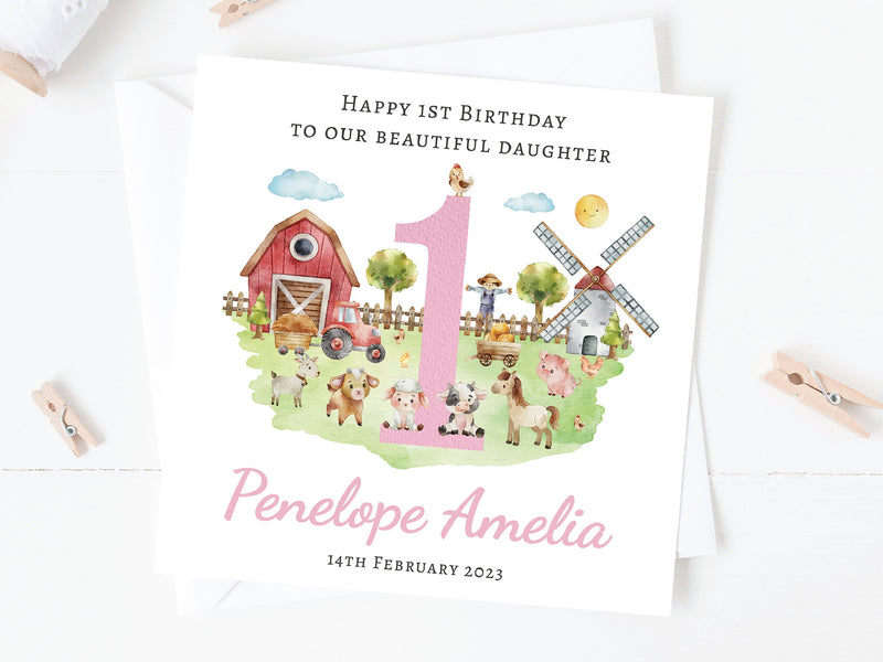 Personalised Farm Animals Birthday Card Pink