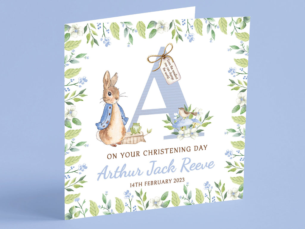 Personalised Peter Rabbit Christening Card – Blue, Customisable, Handmade With Envelope