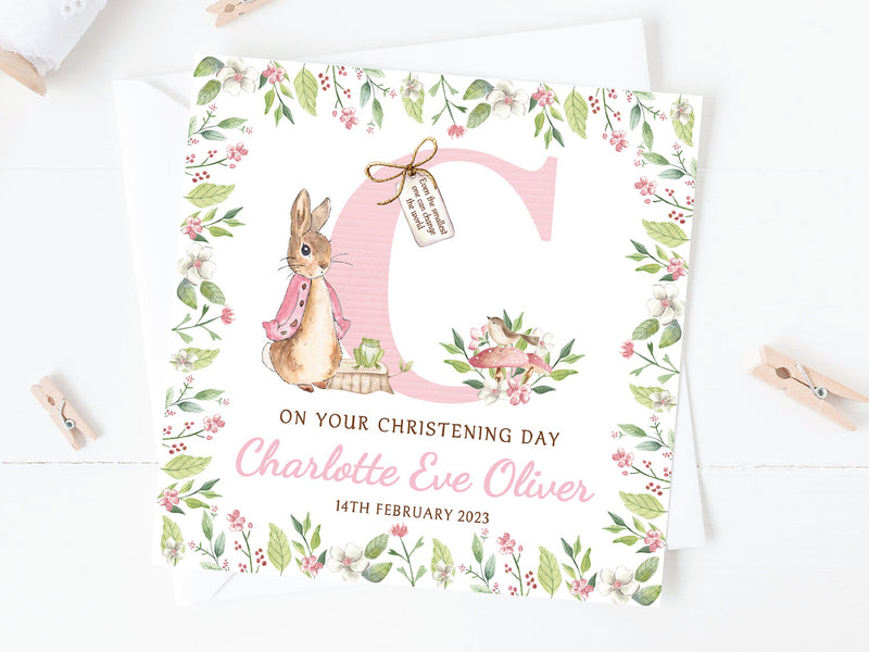 Personalised Floral Bunny Christening Card - Custom Baptism Card for Goddaughter, Girl's Christening Day