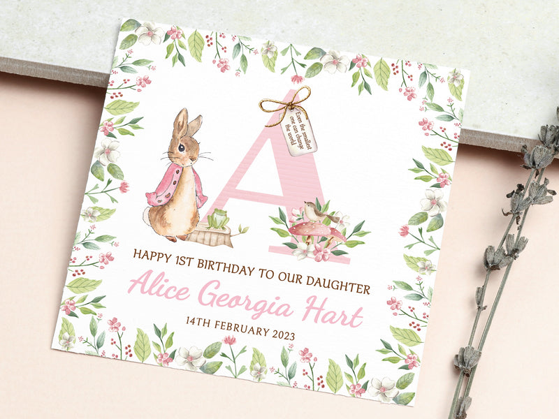 Personalised Pink Peter Rabbit Floral Birthday Card