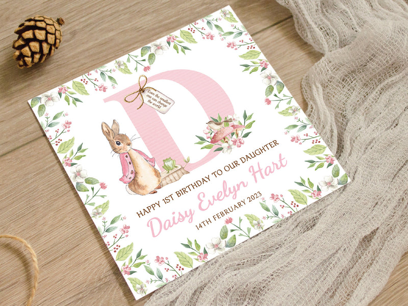 Personalised Pink Peter Rabbit Floral Birthday Card