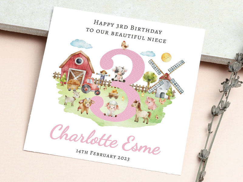 Personalised Farm Animals Birthday Card Pink