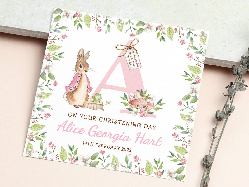 Personalised Floral Bunny Christening Card - Custom Baptism Card for Goddaughter, Girl's Christening Day