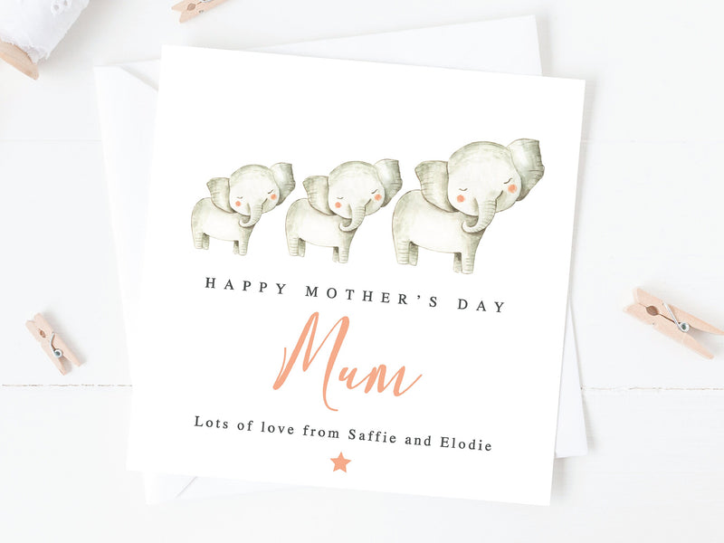 Personalised Mother&#39;s Day Card, Elephant Mothers Day Card, Mummy, Grandma, Gran, Mum, Grandparent, Mammy, Nana, 1st Mother&#39;s Day Card