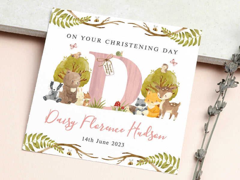 Personalised Woodland Animals Christening Card - Customised Baptism, Naming Day, Botanical Baby Initial Keepsake