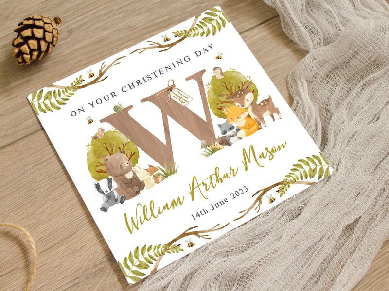 Personalised Woodland Animals Christening Card - Customised Baptism, Naming Day, Botanical Baby Initial Keepsake