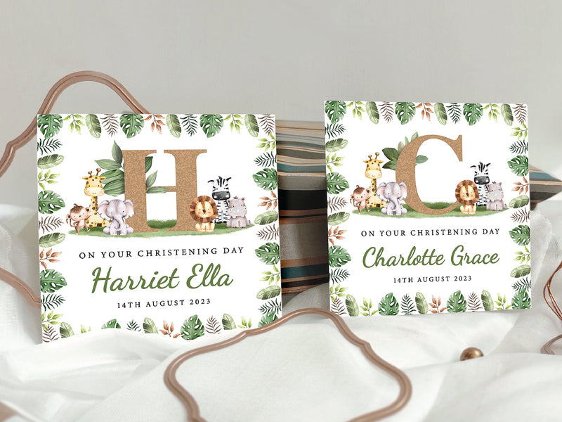 Personalised Christening Card, Jungle Baptism Card, Safari Animals Naming Day Card with Initial