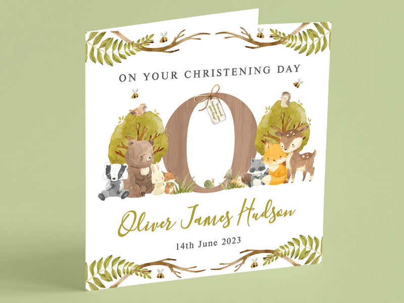 Personalised Woodland Animals Christening Card - Customised Baptism, Naming Day, Botanical Baby Initial Keepsake