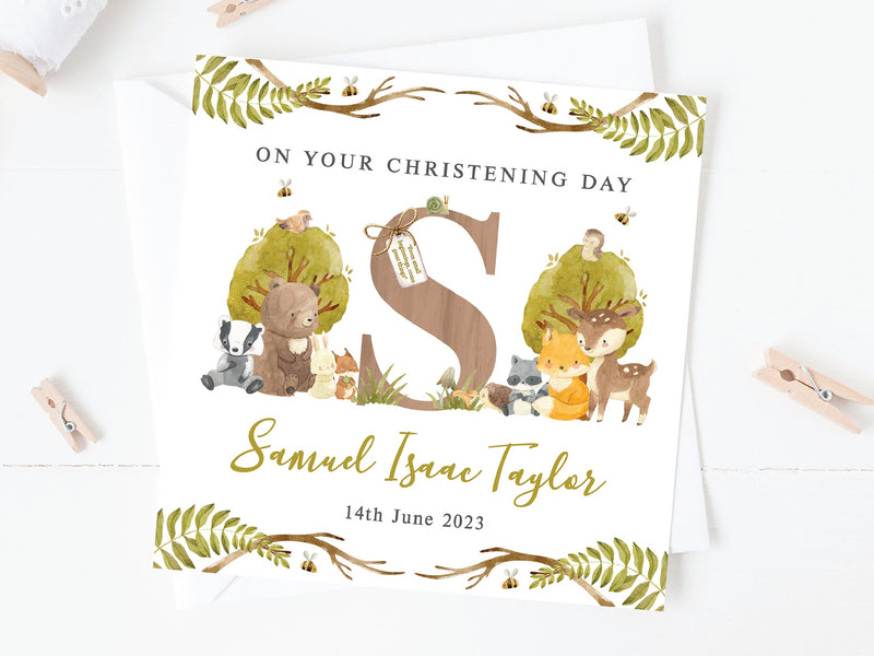 Personalised Woodland Animals Christening Card - Customised Baptism, Naming Day, Botanical Baby Initial Keepsake