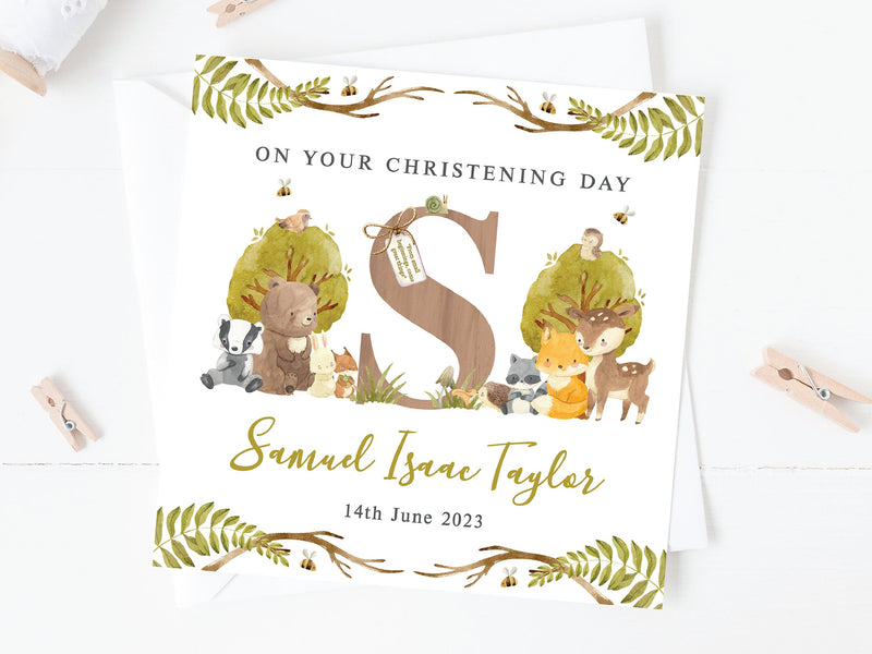 Personalised Woodland Animals Christening Card - Custom Baptism, Naming Day Card, Baby Initial Keepsake
